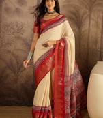 Beige cotton silk printed saree with unstitched blouse piece