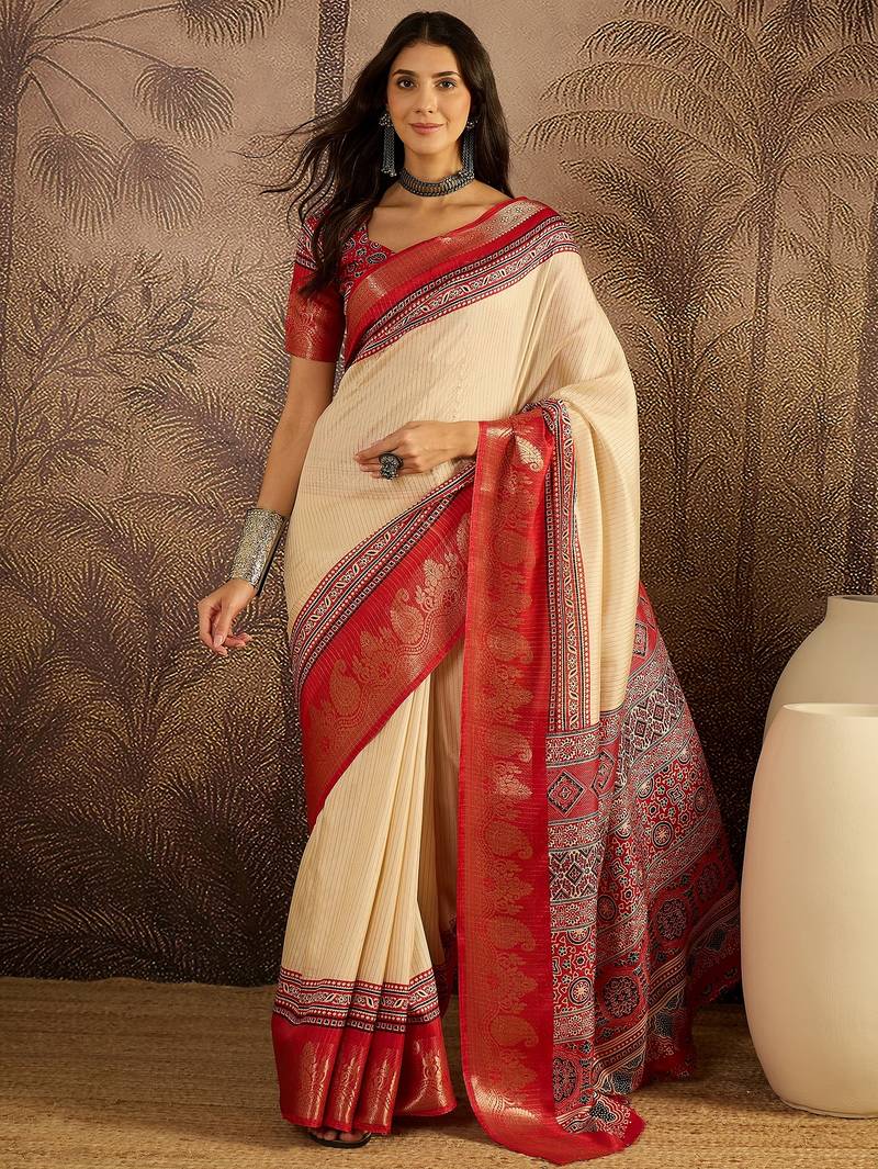 Beige cotton silk printed saree with unstitched blouse piece