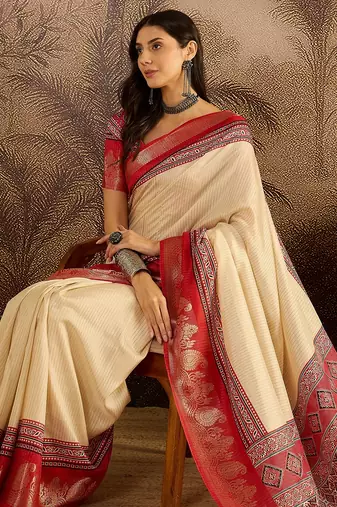 Beige cotton silk blend printed saree with unstitched blouse piece