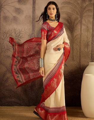 Beige cotton silk blend printed saree with unstitched blouse piece 3
