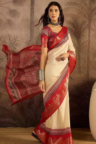 Beige cotton silk blend printed saree with unstitched blouse piece