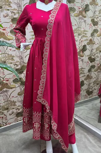 Delightful Pink Zari Embroidered Silk Wedding Wear Gown With Dupatta