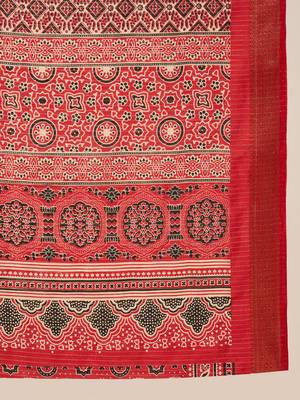 Beige cotton silk blend printed saree with unstitched blouse piece 5