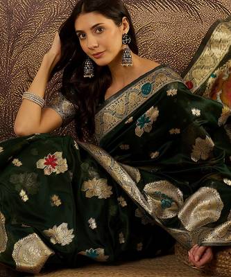 Bottle green organza zari woven saree with unstitched blouse piece 2