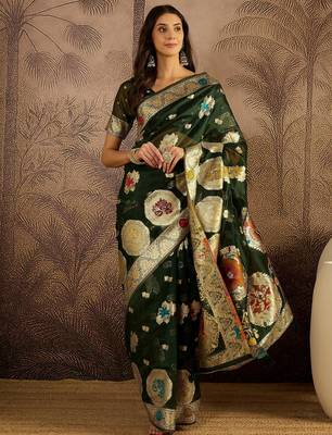Bottle green organza zari woven saree with unstitched blouse piece 3
