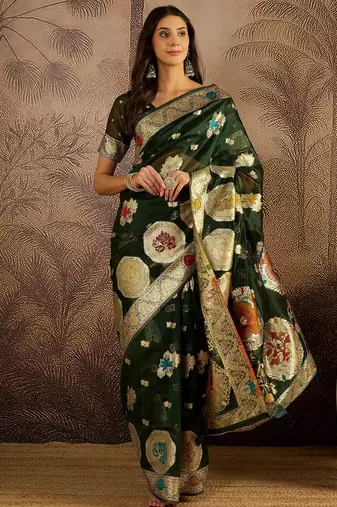 Bottle green organza zari woven saree with unstitched blouse piece