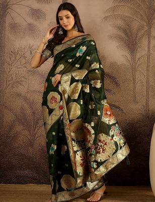 Bottle green organza zari woven saree with unstitched blouse piece 1