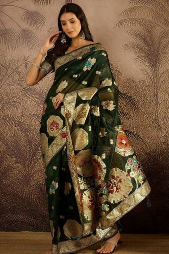 Bottle green organza zari woven saree with unstitched blouse piece