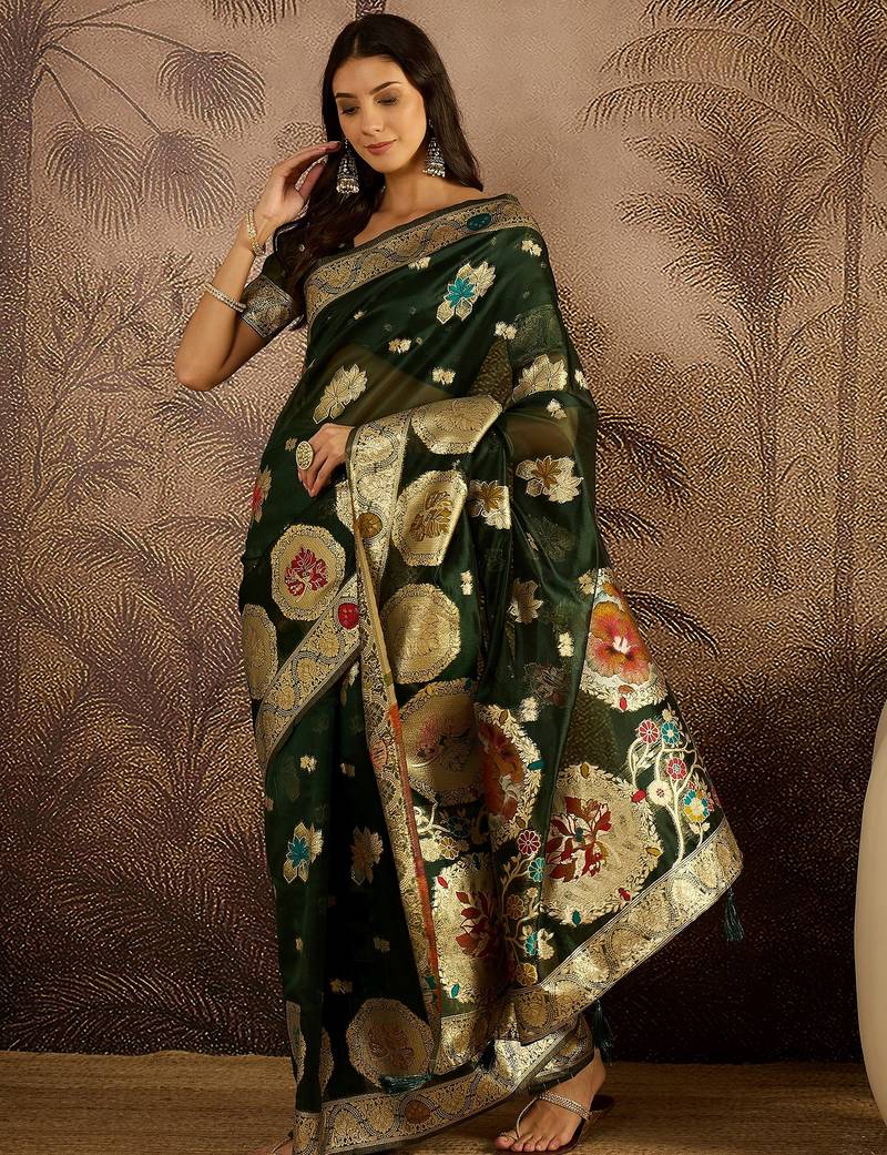 Bottle green organza zari woven saree with unstitched blouse piece