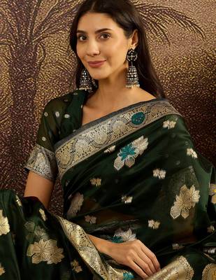 Bottle green organza zari woven saree with unstitched blouse piece 4