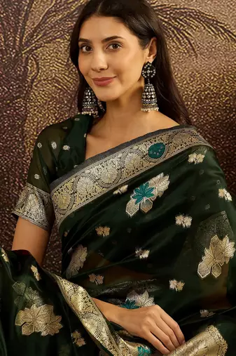 Bottle green organza zari woven saree with unstitched blouse piece