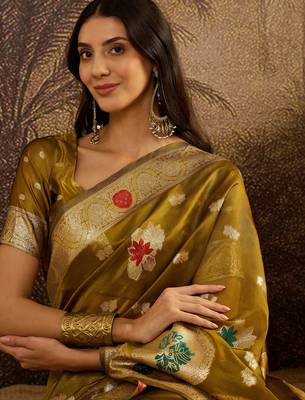 Olive organza zari woven saree with unstitched blouse piece 2
