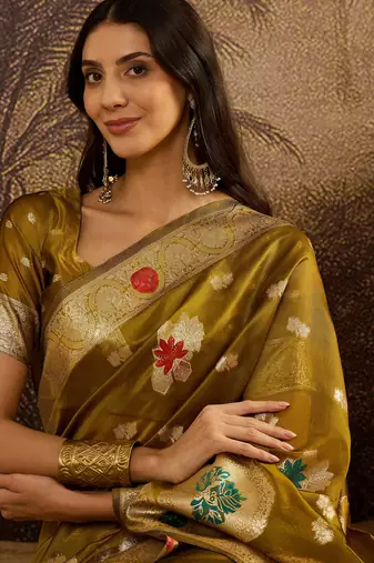 Olive organza zari woven saree with unstitched blouse piece