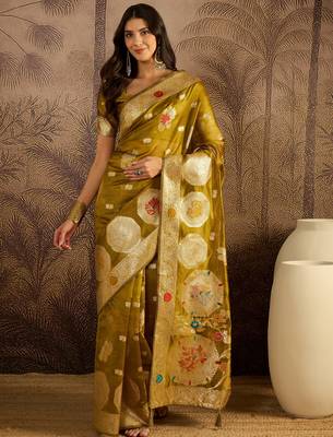 Olive organza zari woven saree with unstitched blouse piece 3