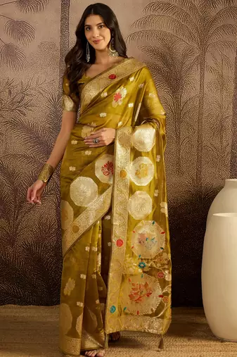 Olive organza zari woven saree with unstitched blouse piece