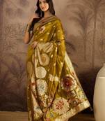 Olive organza zari woven saree with unstitched blouse piece