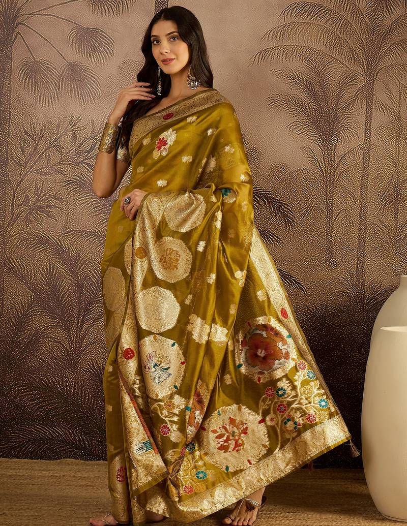 Olive organza zari woven saree with unstitched blouse piece