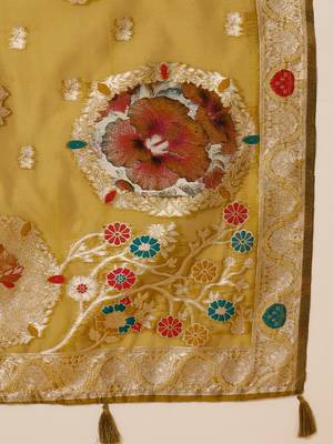 Olive organza zari woven saree with unstitched blouse piece 5