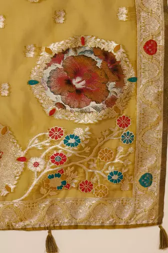 Olive organza zari woven saree with unstitched blouse piece