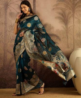 Teal organza zari woven saree with unstitched blouse piece 1