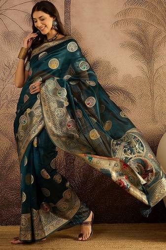 Teal organza zari woven saree with unstitched blouse piece