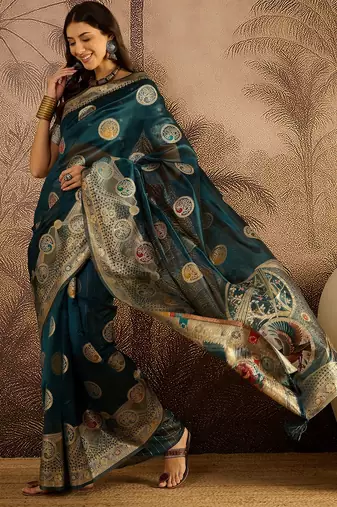 Teal organza zari woven saree with unstitched blouse piece