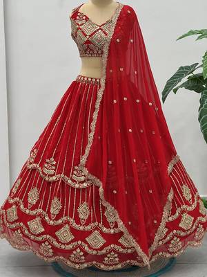 Awesome Red Embroidered Georgette Wedding Wear Lehenga Choli 7