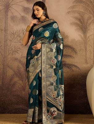 Teal organza zari woven saree with unstitched blouse piece 2