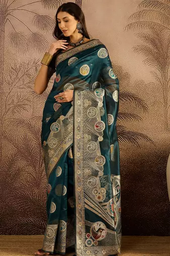 Teal organza zari woven saree with unstitched blouse piece