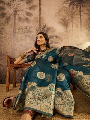 Teal organza zari woven saree with unstitched blouse piece 3