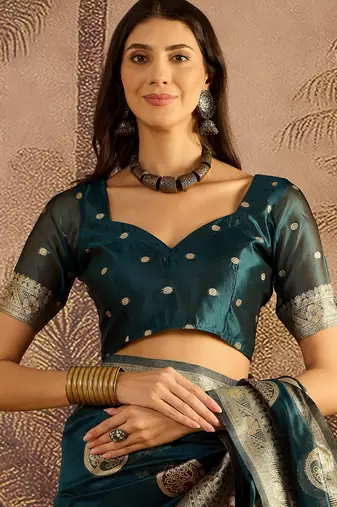 Teal organza zari woven saree with unstitched blouse piece