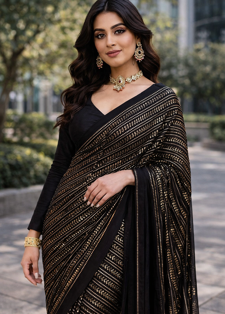 Black Color All Over Sequence Work Georgette Saree