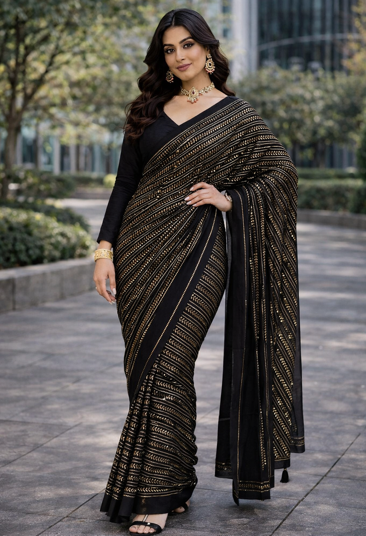 Black Color All Over Sequence Work Georgette Saree