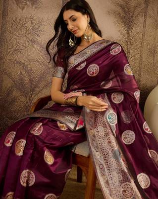 Wine organza zari woven saree with unstitched blouse piece 2