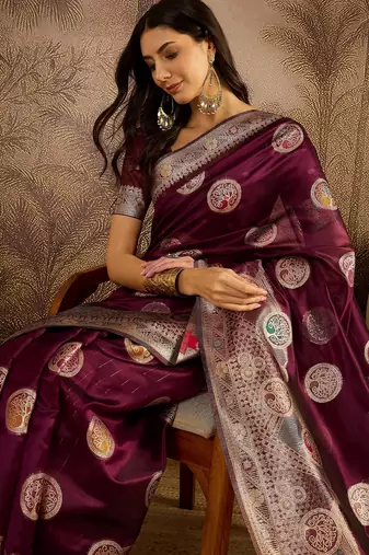 Wine organza zari woven saree with unstitched blouse piece
