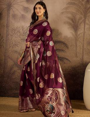 Wine organza zari woven saree with unstitched blouse piece 1