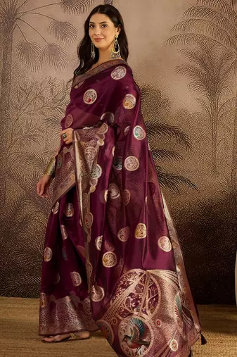 Wine organza zari woven saree with unstitched blouse piece