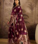 Wine organza zari woven saree with unstitched blouse piece