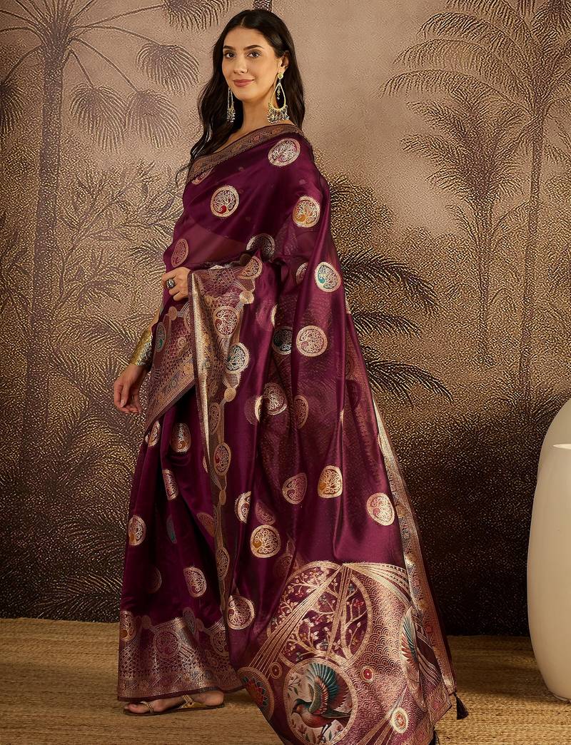 Wine organza zari woven saree with unstitched blouse piece