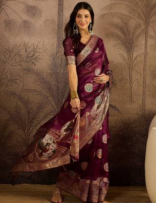 Wine organza zari woven saree with unstitched blouse piece 3
