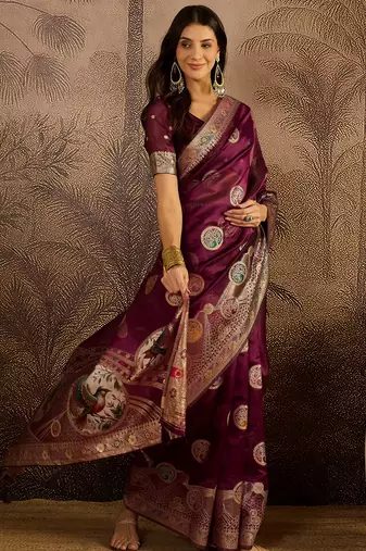 Wine organza zari woven saree with unstitched blouse piece