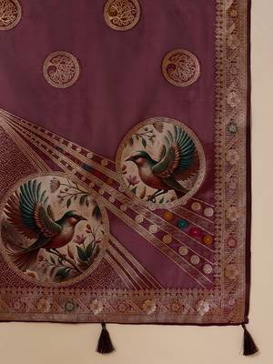 Wine organza zari woven saree with unstitched blouse piece 5
