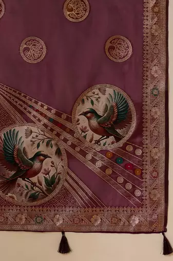 Wine organza zari woven saree with unstitched blouse piece