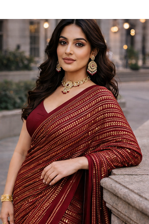 Maroon Color All Over Sequence Work Georgette Saree 2