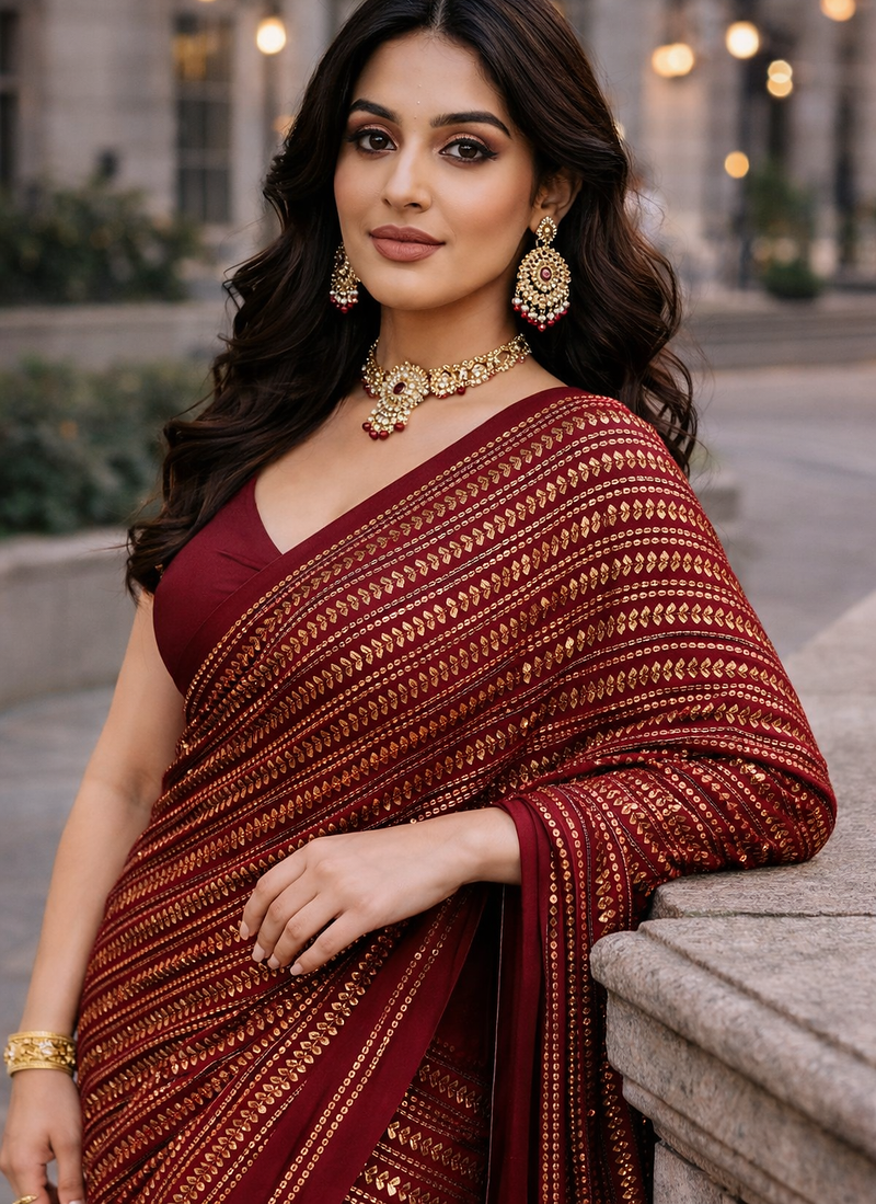 Maroon Color All Over Sequence Work Georgette Saree