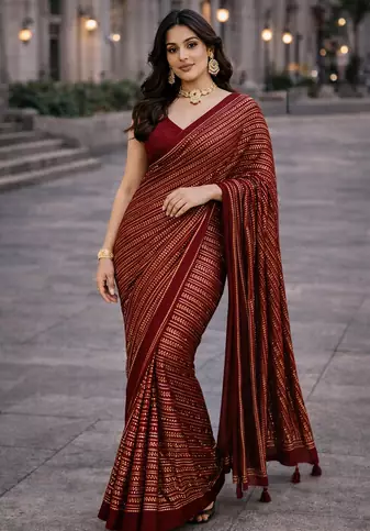 Maroon Color All Over Sequence Work Georgette Saree