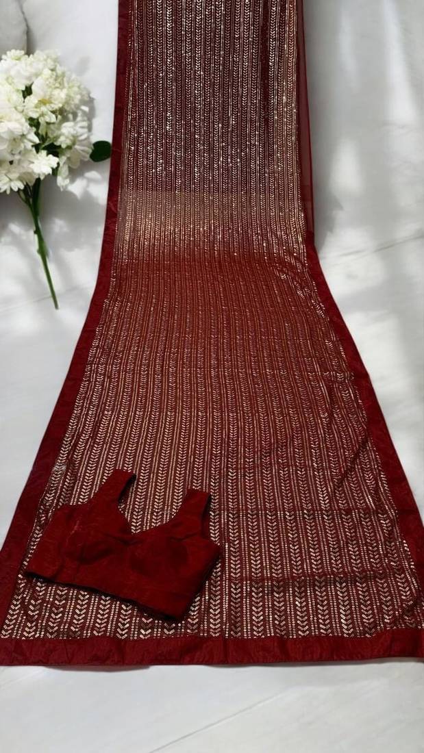 Maroon Color All Over Sequence Work Georgette Saree