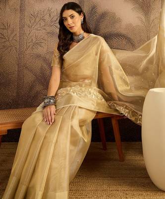 Beige super net embroidered saree with unstitched blouse piece 2