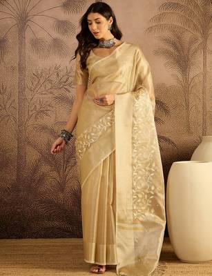 Beige super net embroidered saree with unstitched blouse piece 1