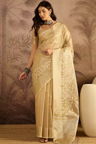 Beige super net embroidered saree with unstitched blouse piece